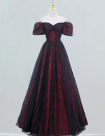 Burgundy off the shoulder pleated black tulle ball gown prom dress