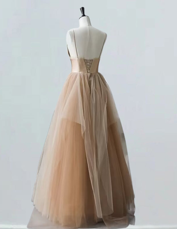 Champagne spaghetti strap beading long tulle prom dress