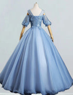 Girls' Elegant Blue Tulle Quinceanera Dress | Lace Applique Sleeves Ball Gown