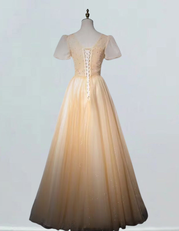 Women's Elegant Beaded V-Neck Evening Gown | Short Sleeves, Formal Prom Dress