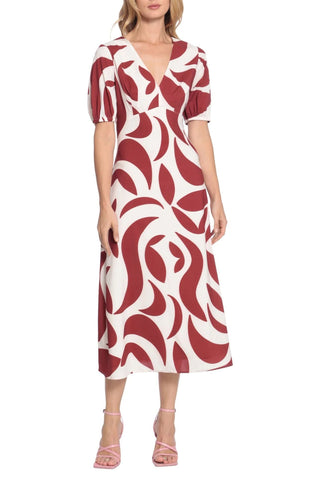 Donna Morgan V Neck Short Puff Sleeves Back Zipper Open Back Detail Midi Dress - Glamourous Grace