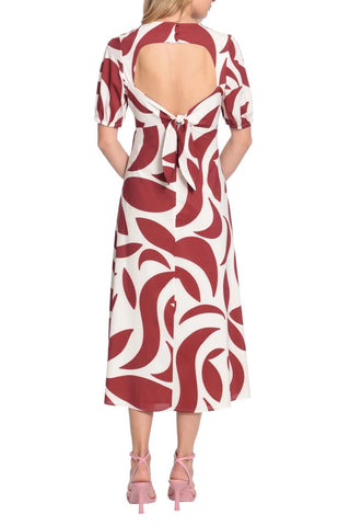 Donna Morgan V Neck Short Puff Sleeves Back Zipper Open Back Detail Midi Dress - Glamourous Grace