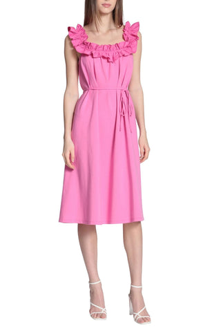 Donna Morgan Square Neck Sleeveless Back Zipper Self Waist Detail Tie Midi Cotton Dress - By Baano