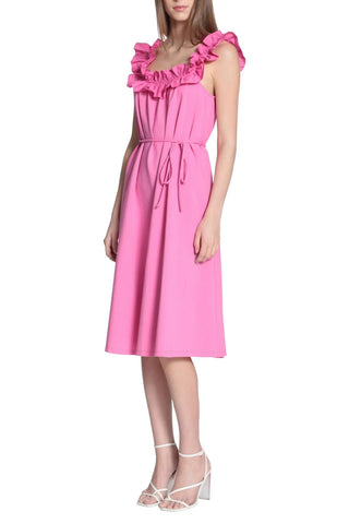 Donna Morgan Square Neck Sleeveless Back Zipper Self Waist Detail Tie Midi Cotton Dress - By Baano