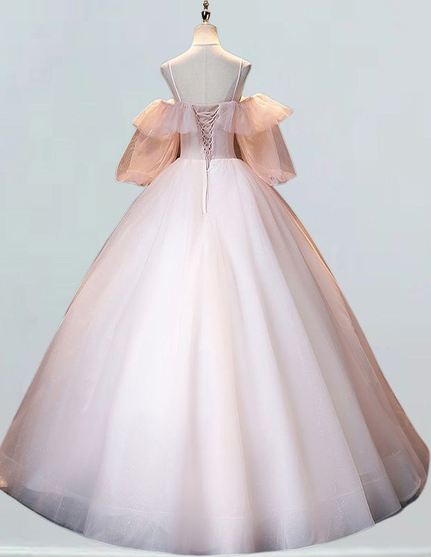 Pink Off Shoulder Tulle Quinceanera Dress - Girls' Elegant Evening Gown