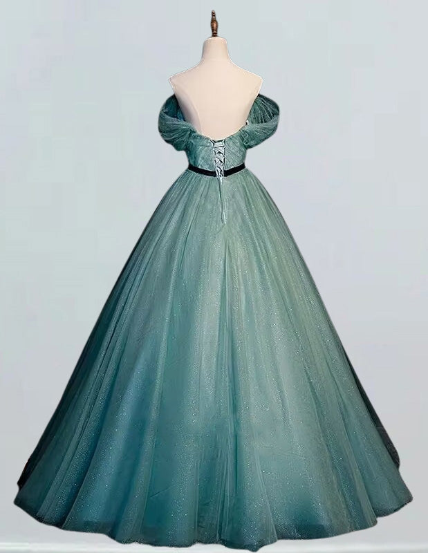 Green sweetheart pleated sparkle tulle prom dress ball gown