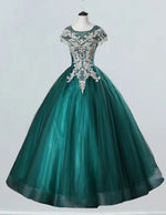 Green Lace Applique Prom Gown | Boat Neck Princess Evening Dress