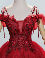 Burgundy off the shoulder flower lace long prom dress ball gown straps floor length fluffy tulle wedding dress gown bridal gown