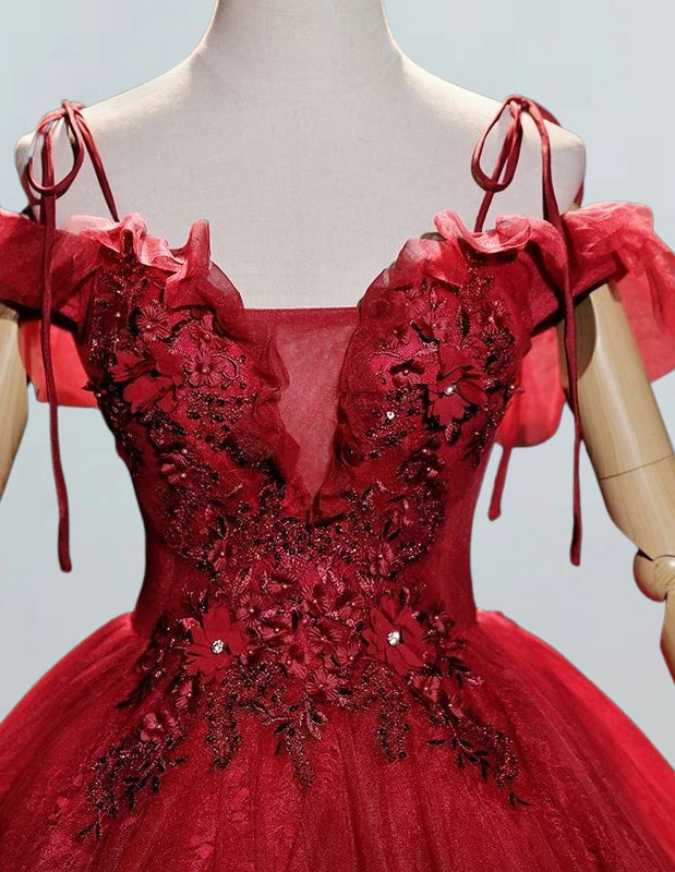 Burgundy off the shoulder flower lace long prom dress ball gown straps floor length fluffy tulle wedding dress gown bridal gown