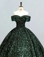 Plus Size Dark Green Velvet Sequin Off-Shoulder Prom Dress | Floor-Length Ball Gown