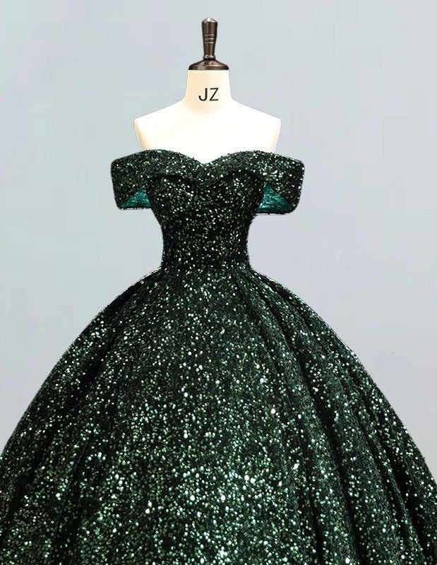 Plus Size Dark Green Velvet Sequin Off-Shoulder Prom Dress | Floor-Length Ball Gown