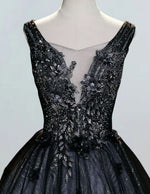Black v neck lace applique prom dress ball gown pleated long evening dress gown floor length wedding gown