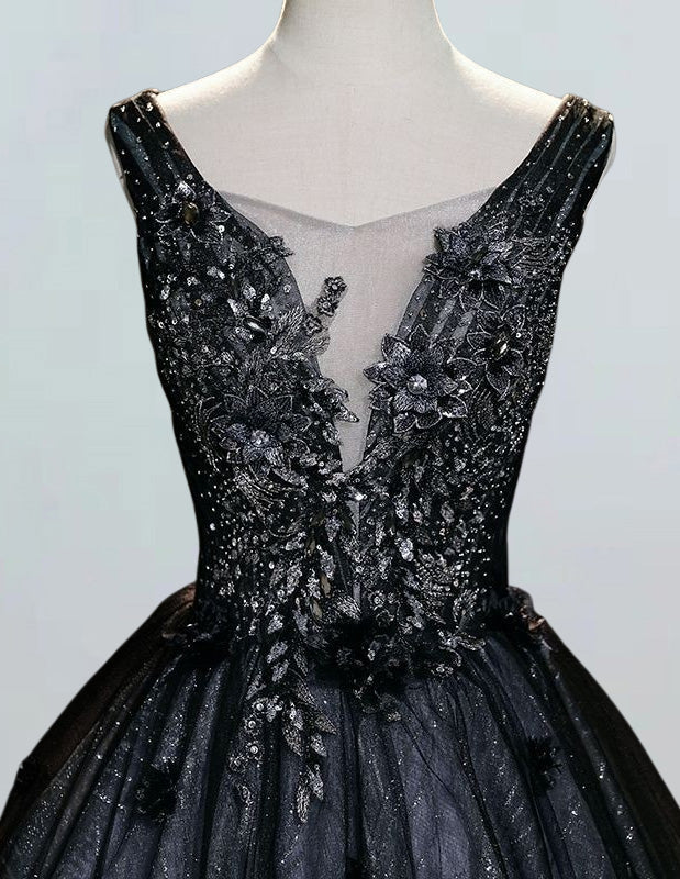 Black v neck lace applique prom dress ball gown pleated long evening dress gown floor length wedding gown