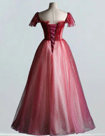 Elegant Red Cap Sleeve V-Neck Tulle Prom Dress with Beading