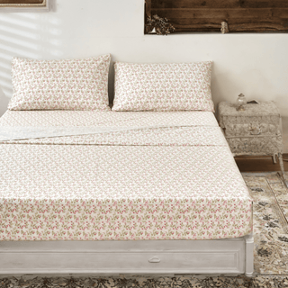 DaDa Bedding Collection Romantic Coquette Sheet Set - 100% Cotton [ Poplin Cotton ] Floral Fitted & Flat Sheets with Pillowcases - Deep Pocket Design - Soft, Breathable, Wrinkle-Resistant
