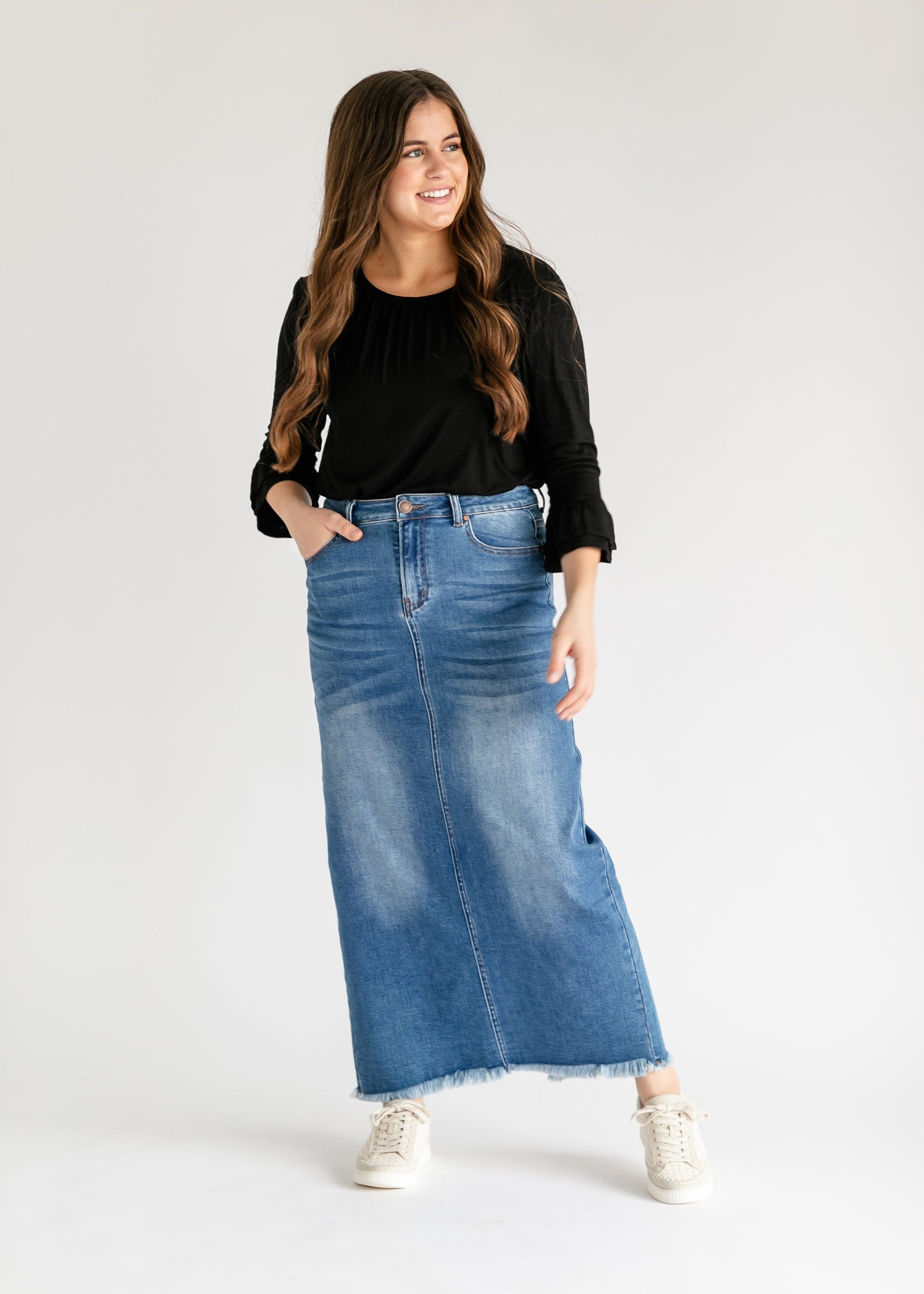 Dakotah Raw Hem Long Denim Skirt - FINAL SALE