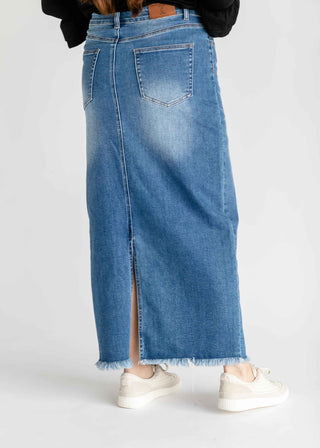 Dakotah Raw Hem Long Denim Skirt