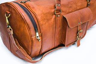 Vintage Leather Duffle Bag for Travel or the Gym,- Brown- Round