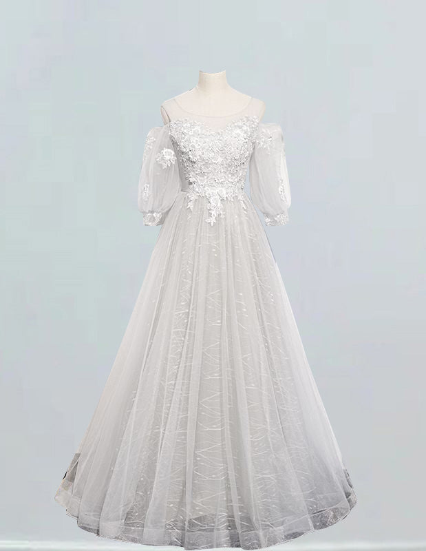 Silver Grey Lace Applique Prom Gown with Sleeves | Scoop Neckline | Elegant Evening Dress