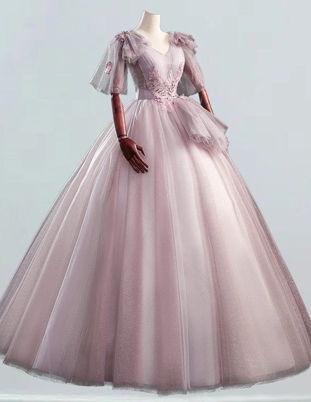Women's Pink V-Neck Tulle Ball Gown | Evening Prom Bridesmaid Dress