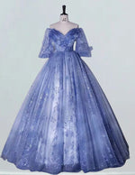 Blue off the shoulder long sleeve floor length lace ball gown quinceanera dress
