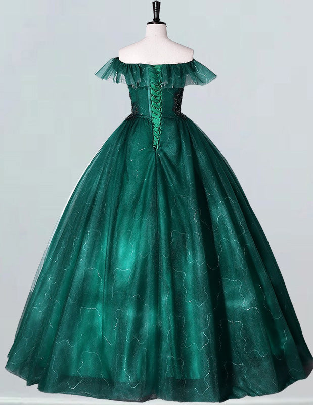 Green off the shoulder lace applique sparkle tulle ball gown wedding bridal dress