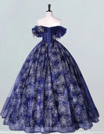 Navy blue off the shoulder pleated beading lace tulle ball gown prom dress