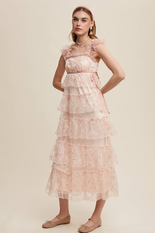 Delicate Floral Embroidered Lace Maxi Dress: Mute Pink