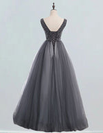 Women's Elegant Gray V-Neck Tulle Prom Dress with Crystal Beading
