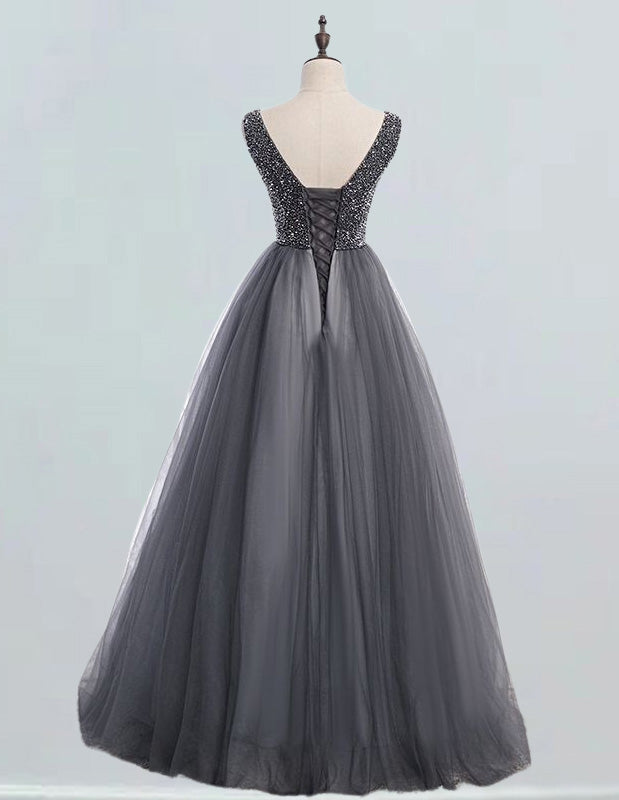 Women's Elegant Gray V-Neck Tulle Prom Dress with Crystal Beading