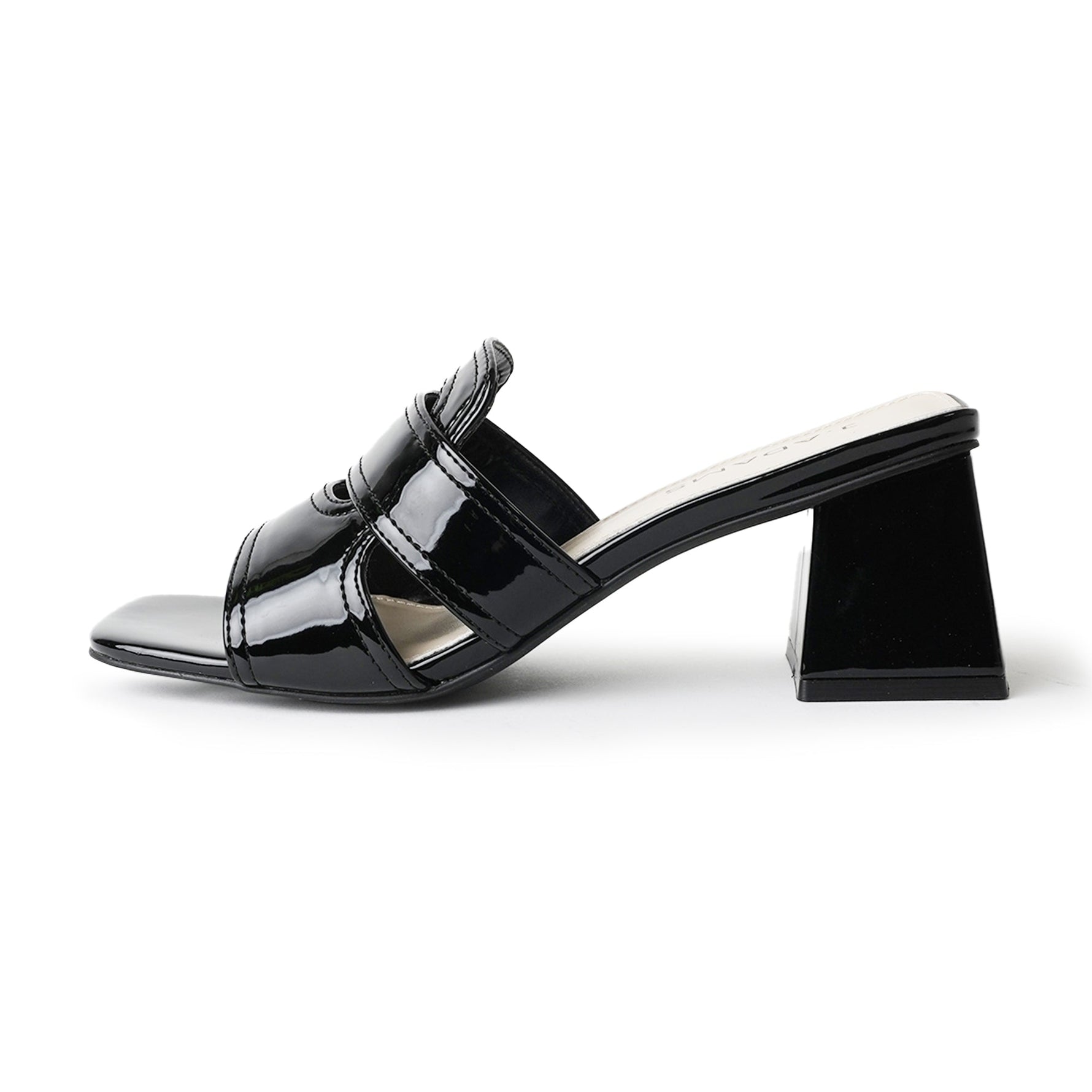 Deborah | Black Patent Heels featuring a glossy black finish, open toe design, and geometric block heel for modern elegance.