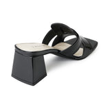 Side rear view of Deborah | Black Patent Heels showing the angled block heel and cushioned insole for added comfort.