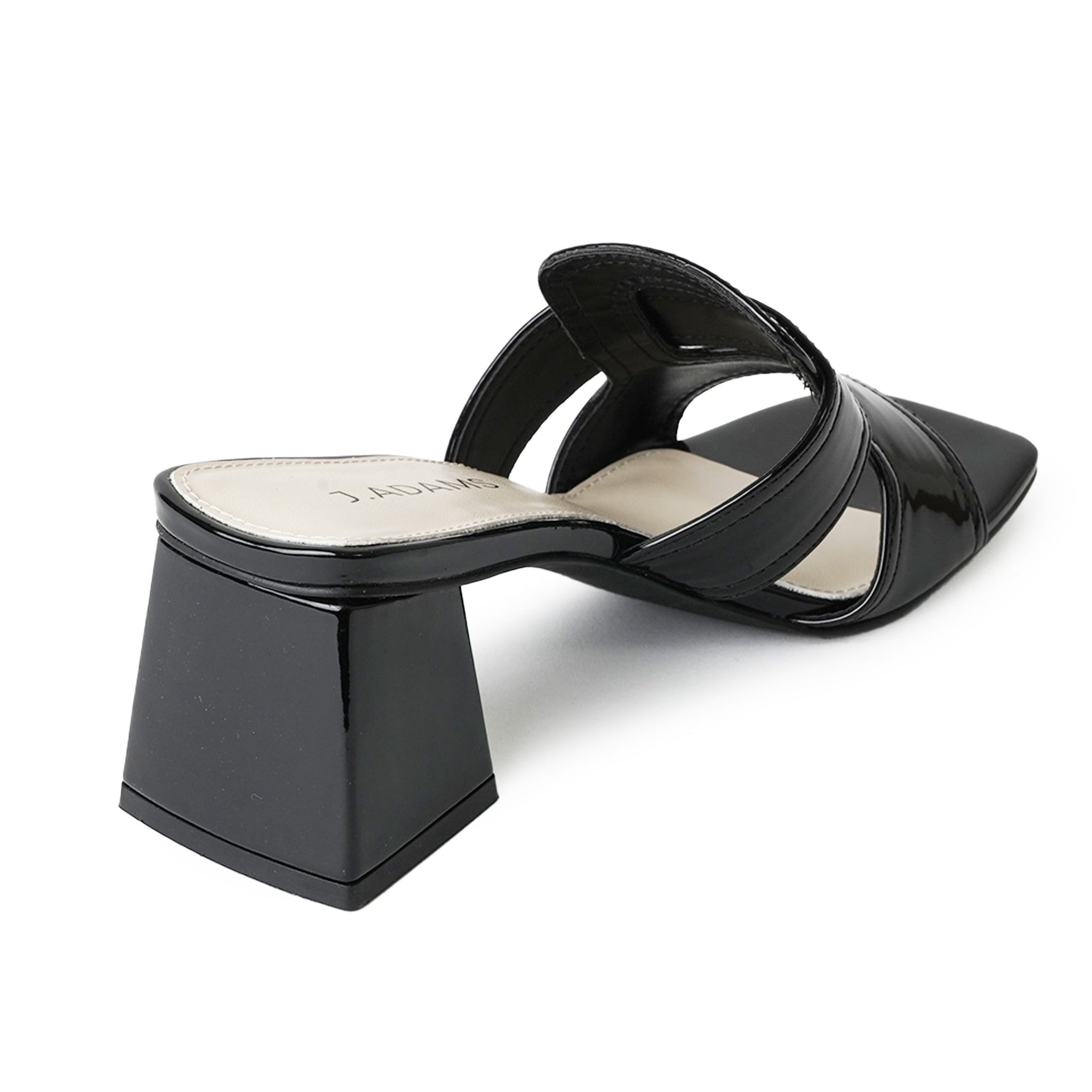 Side rear view of Deborah | Black Patent Heels showing the angled block heel and cushioned insole for added comfort.