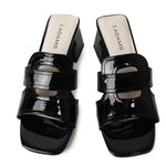 Top view of Deborah | Black Patent Heels highlighting the structured straps and J.Adams branded insole in beige.