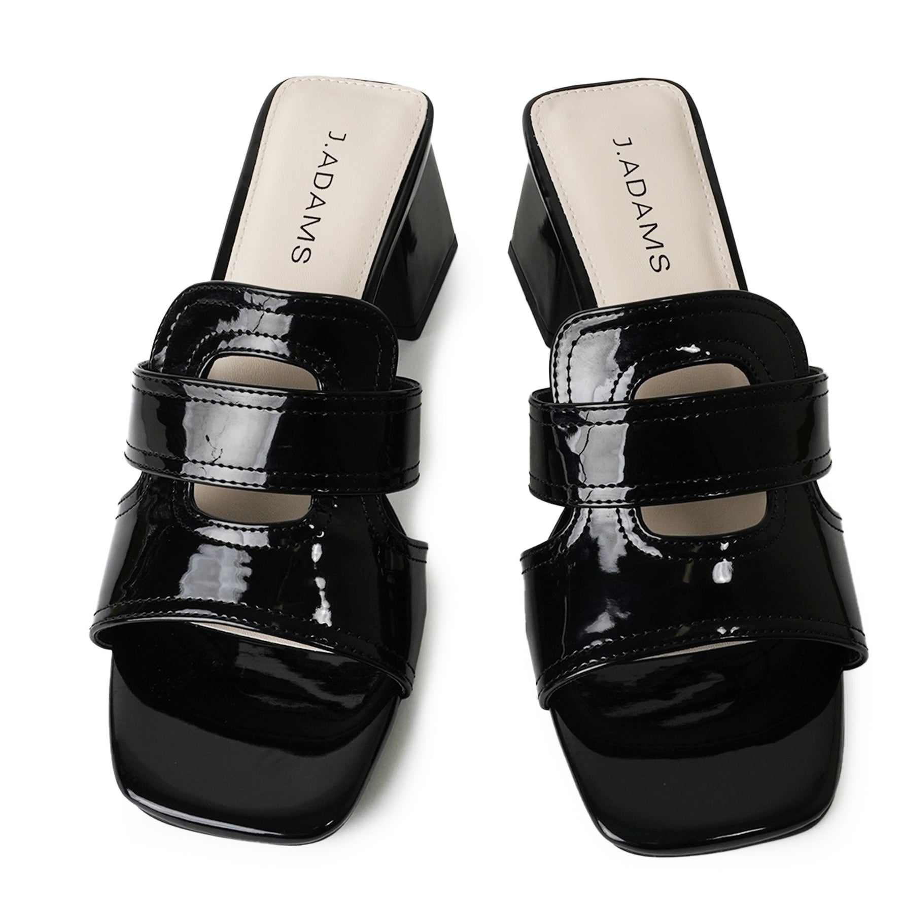 Top view of Deborah | Black Patent Heels highlighting the structured straps and J.Adams branded insole in beige.