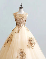 Champagne Lace Applique Tulle Ball Gown | Scoop Neck Prom & Evening Dress