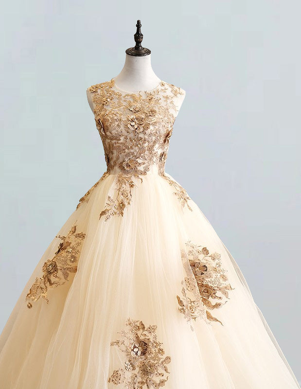 Champagne Lace Applique Tulle Ball Gown | Scoop Neck Prom & Evening Dress