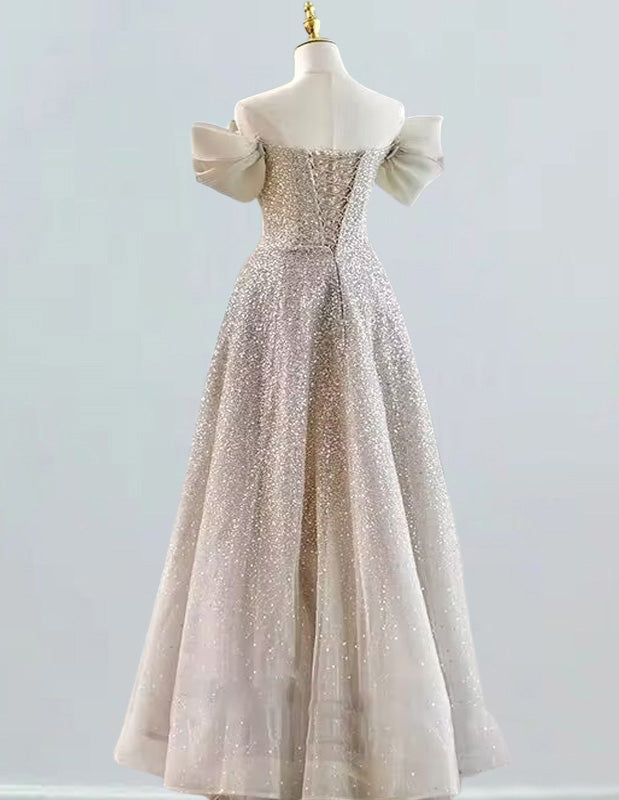 Women's Silver Sequin Off-Shoulder Prom Dress | Elegant Evening Gown