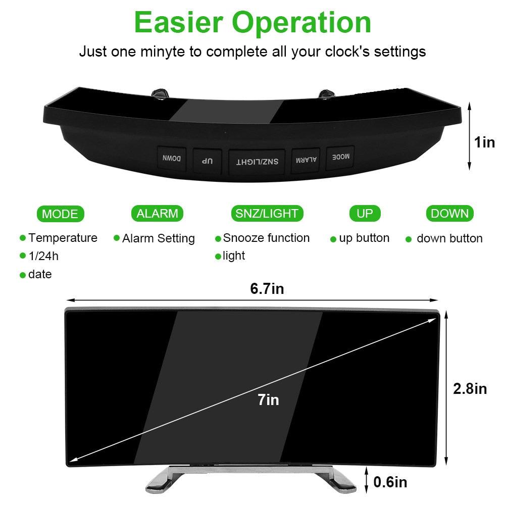 Digital Alarm Clock Desk Table Clock  3 Alarm Sounds Adjustable Volume Easy Digital Alarm Clock for Kids and Adults Compact Desk & Shelf Clocks for Bedroom Curved LED Screen Alarm Clocks For Kid Bedroom Temperature Snooze Function Home Decor Watch Stevvex