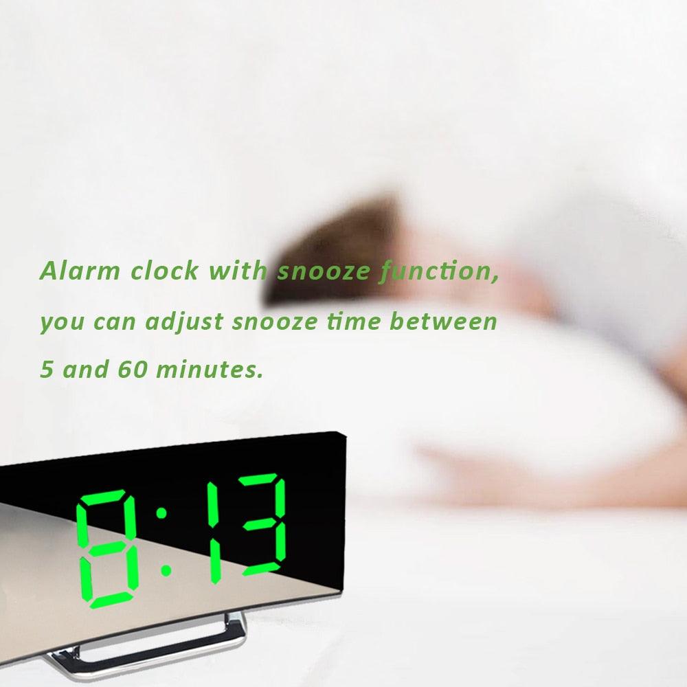Digital Alarm Clock Desk Table Clock  3 Alarm Sounds Adjustable Volume Easy Digital Alarm Clock for Kids and Adults Compact Desk & Shelf Clocks for Bedroom Curved LED Screen Alarm Clocks For Kid Bedroom Temperature Snooze Function Home Decor Watch Stevvex