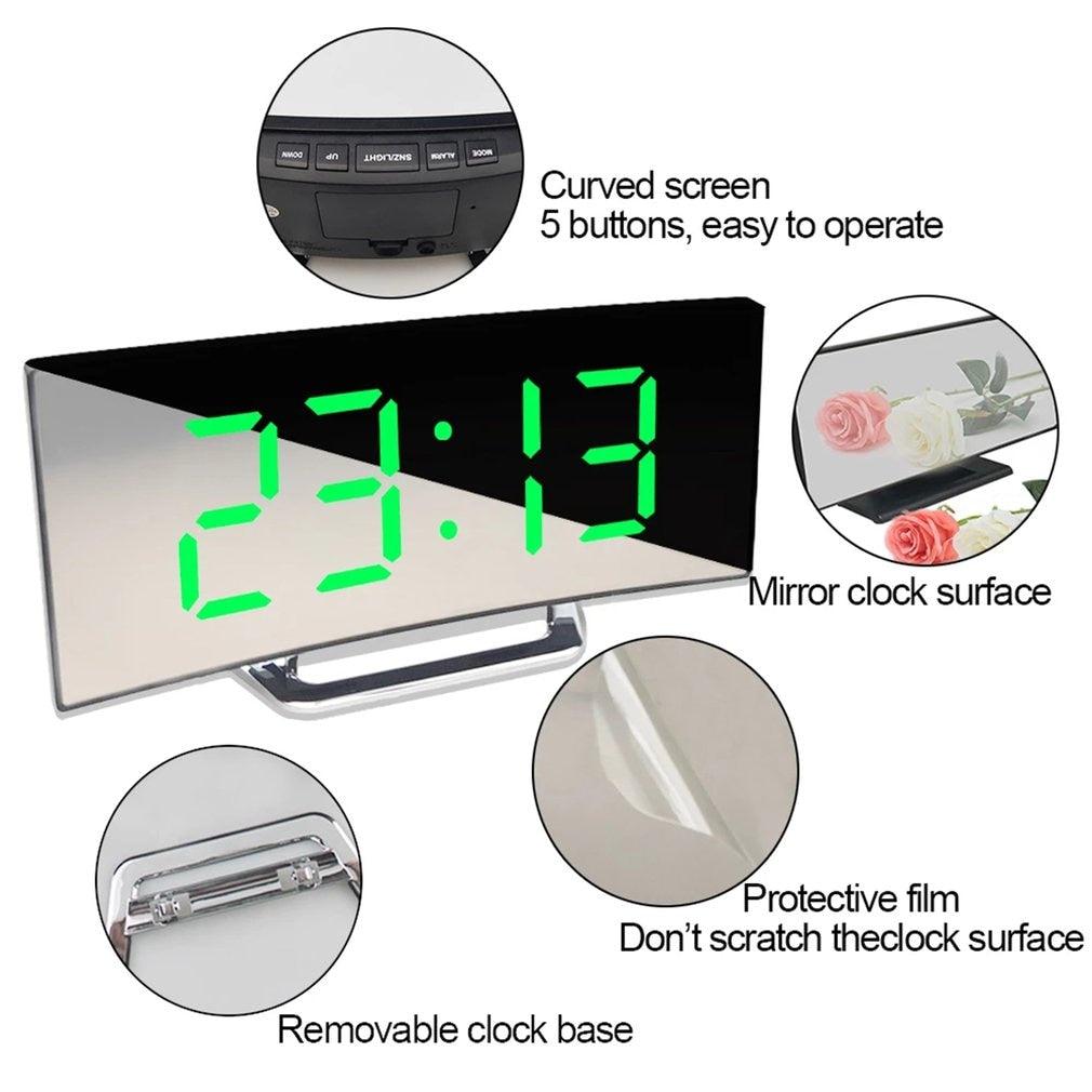 Digital Alarm Clock Digital Clock Large Display LED Alarm Electric Clocks Mirror Surface 3 Levels Brightness Dual USB LED Curved Surface Mirror Electronic Table Clock Large Screen Snooze Desktop Clock For Home Decoration Stevvex