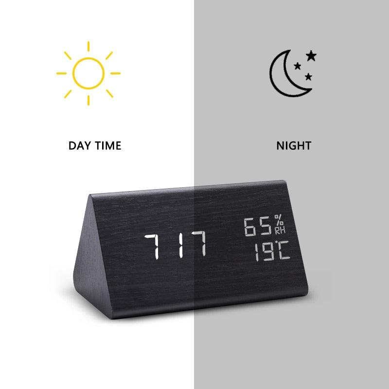 Digital Clock LED Wooden Alarm Clock Digital Alarm Clock with Wooden Electronic LED Time Display 3 Alarm Settings Humidity & Temperature Detect Wood Made Electric Clocks Table Sound Control Electronic Clocks Desktop USB/AAA Powered Home Table Decor Stevvex