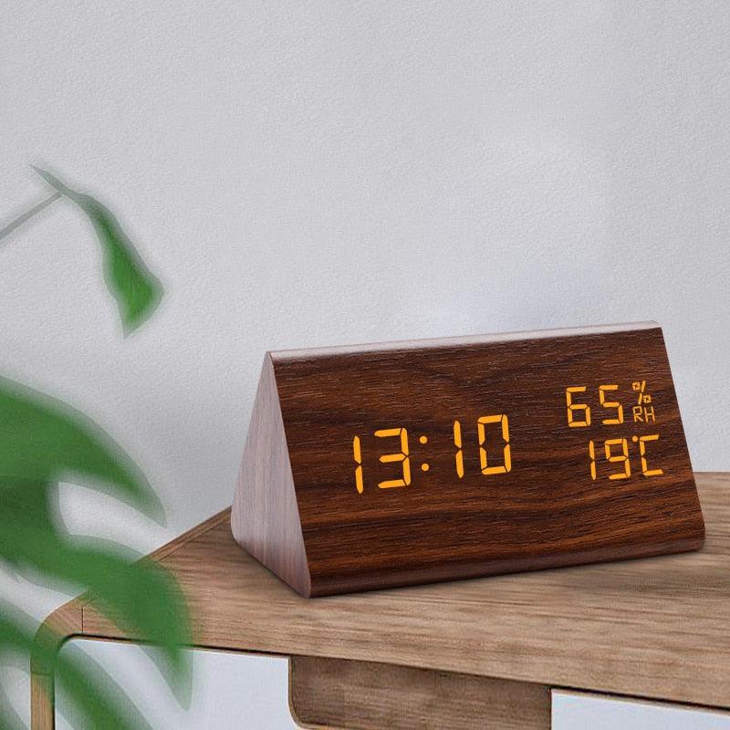 Digital Clock LED Wooden Alarm Clock Digital Alarm Clock with Wooden Electronic LED Time Display 3 Alarm Settings Humidity & Temperature Detect Wood Made Electric Clocks Table Sound Control Electronic Clocks Desktop USB/AAA Powered Home Table Decor Stevvex
