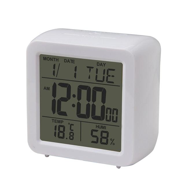 Digital Desktop LCD Snooze Calendar Alarm clock Digital Desktop Clock Electronic Digital Alarm Clocks for Bedroom Home Decor LCD Screen with Time/Calendar/Temperature Display White Bedroom Watch with Thermometer & Hygrometer for Home  Battery Operated Stevvex