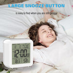 Digital Desktop LCD Snooze Calendar Alarm clock Digital Desktop Clock Electronic Digital Alarm Clocks for Bedroom Home Decor LCD Screen with Time/Calendar/Temperature Display White Bedroom Watch with Thermometer & Hygrometer for Home  Battery Operated Stevvex