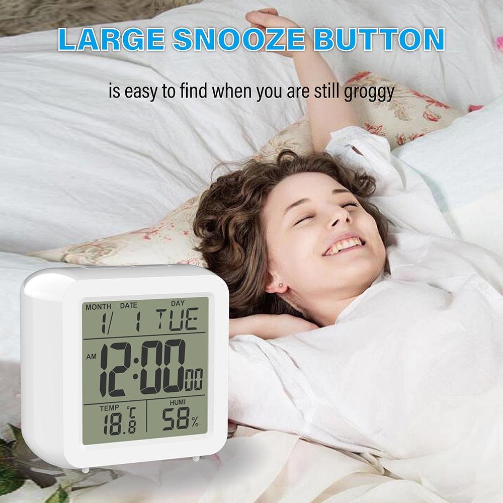 Digital Desktop LCD Snooze Calendar Alarm clock Digital Desktop Clock Electronic Digital Alarm Clocks for Bedroom Home Decor LCD Screen with Time/Calendar/Temperature Display White Bedroom Watch with Thermometer & Hygrometer for Home  Battery Operated Stevvex