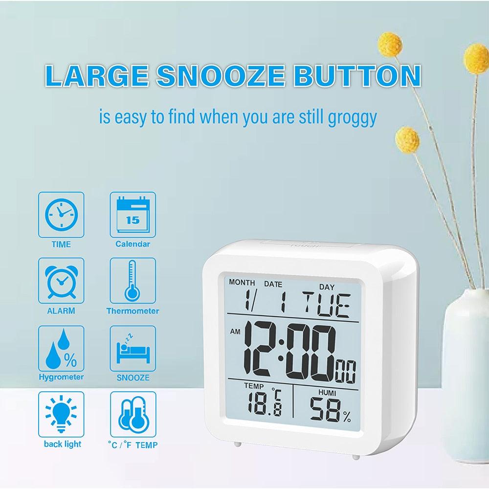 Digital Desktop LCD Snooze Calendar Alarm clock Digital Desktop Clock Electronic Digital Alarm Clocks for Bedroom Home Decor LCD Screen with Time/Calendar/Temperature Display White Bedroom Watch with Thermometer & Hygrometer for Home  Battery Operated Stevvex