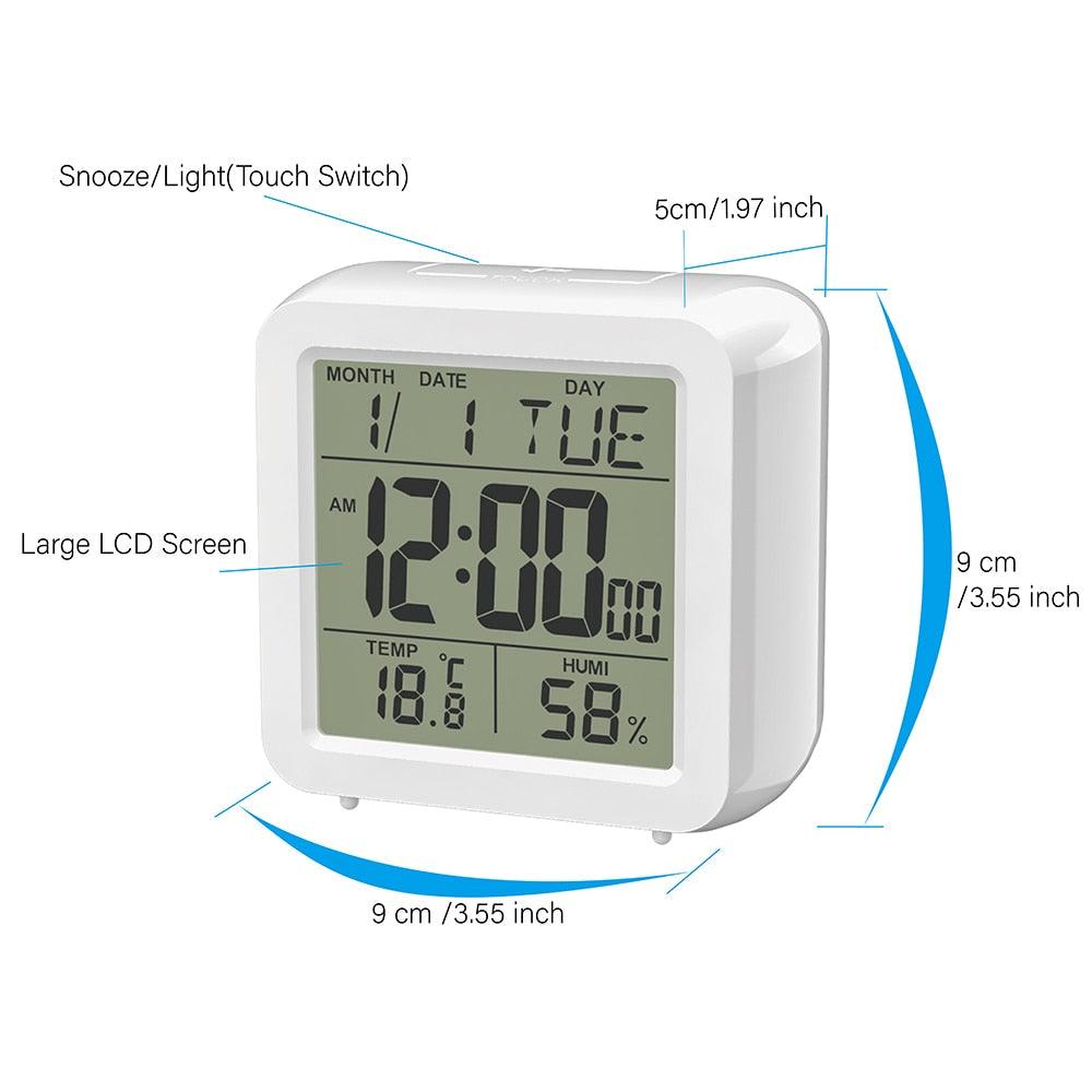 Digital Desktop LCD Snooze Calendar Alarm clock Digital Desktop Clock Electronic Digital Alarm Clocks for Bedroom Home Decor LCD Screen with Time/Calendar/Temperature Display White Bedroom Watch with Thermometer & Hygrometer for Home  Battery Operated Stevvex