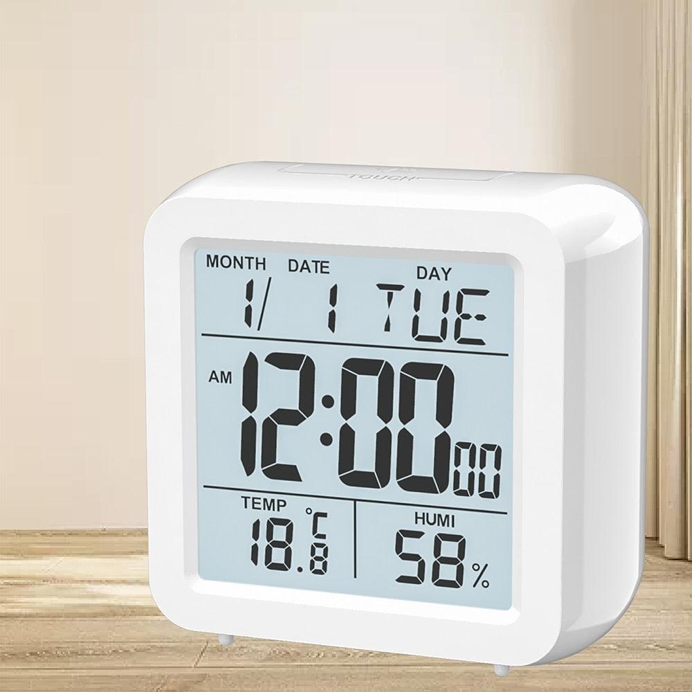 Digital Desktop LCD Snooze Calendar Alarm clock Digital Desktop Clock Electronic Digital Alarm Clocks for Bedroom Home Decor LCD Screen with Time/Calendar/Temperature Display White Bedroom Watch with Thermometer & Hygrometer for Home  Battery Operated Stevvex