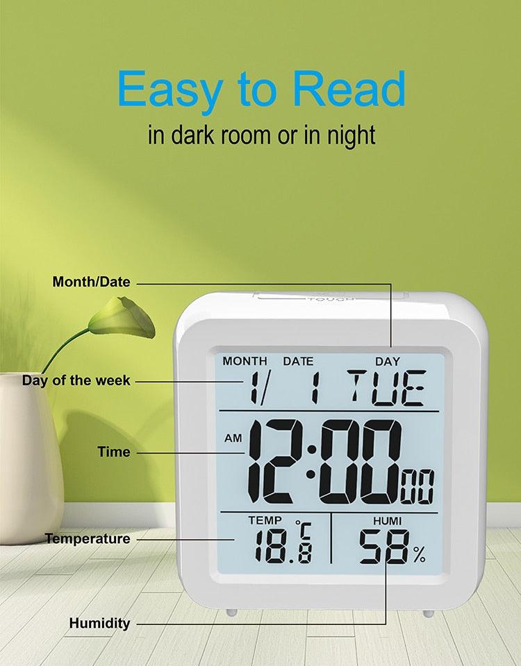 Digital Desktop LCD Snooze Calendar Alarm clock Digital Desktop Clock Electronic Digital Alarm Clocks for Bedroom Home Decor LCD Screen with Time/Calendar/Temperature Display White Bedroom Watch with Thermometer & Hygrometer for Home  Battery Operated Stevvex